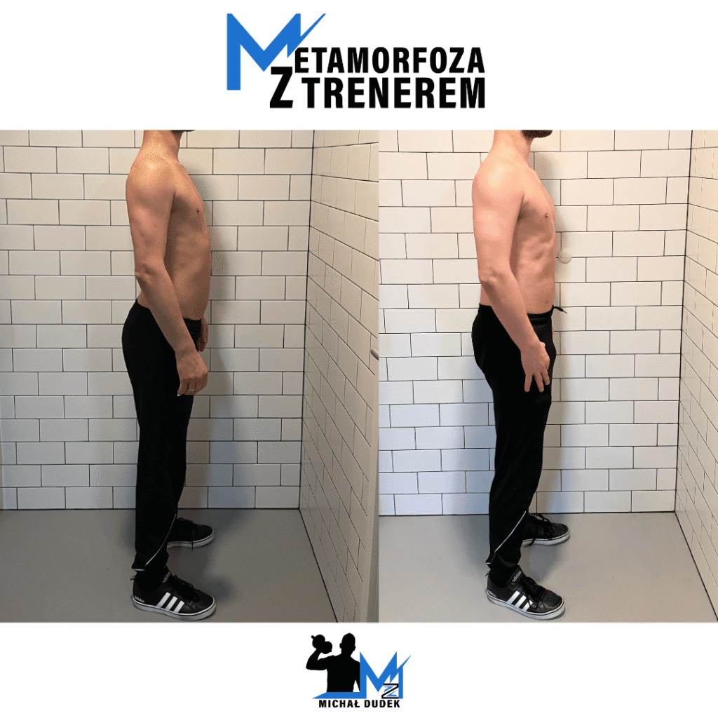 Metamorfoza sylwetki – widok z boku, wyraźnie zwiększona masa mięśniowa klatki i ramion.