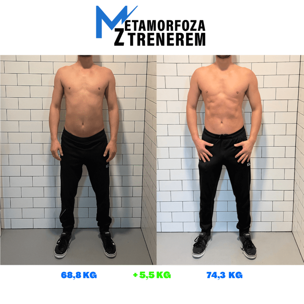 Metamorfoza sylwetki – zwiększenie masy mięśniowej, wyraźnie pełniejsza klatka piersiowa, ramiona i barki po programie treningowym.